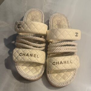 CHANEL Cream Quilted Rope Strap Slide Sandals